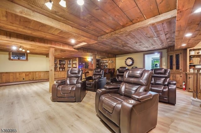 26 Danville Mountain Rd, Liberty Twp, NJ 07838 - home theater room featuring wooden ceiling, wood finished floors, wooden walls, baseboard heating, and a wainscoted wall