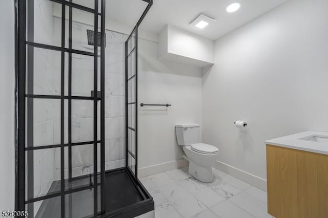26 Danville Mountain Rd, Liberty Twp, NJ 07838 - bathroom featuring baseboards, marble finish floors, toilet, vanity, and a shower stall