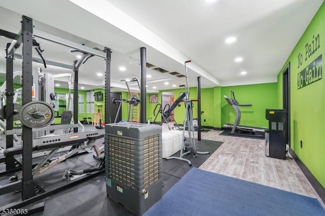 26 Danville Mountain Rd, Liberty Twp, NJ 07838 - workout area with wood finished floors, recessed lighting, and baseboards