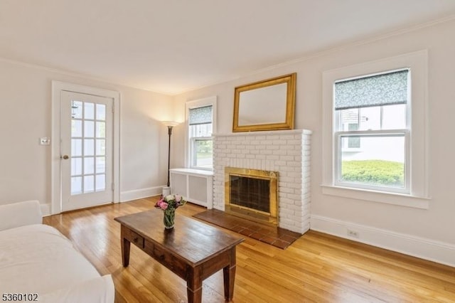 405 High St, Cranford Twp, NJ 07016 - living room with light wood finished floors, radiator heating unit, a fireplace, baseboards, and ornamental molding