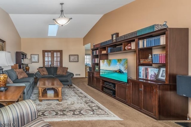 249 Good Springs Rd, Franklin Twp, NJ 08886 - living room featuring vaulted ceiling, light carpet, and a skylight