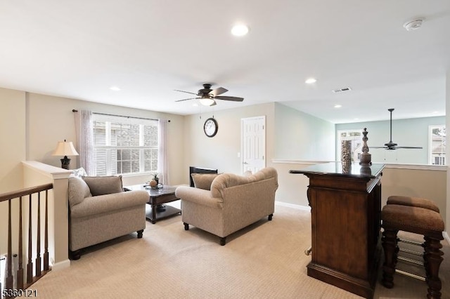 7 Bryant Ct, Franklin Twp, NJ 08873 - living room featuring a ceiling fan, light carpet, plenty of natural light, baseboards, and recessed lighting