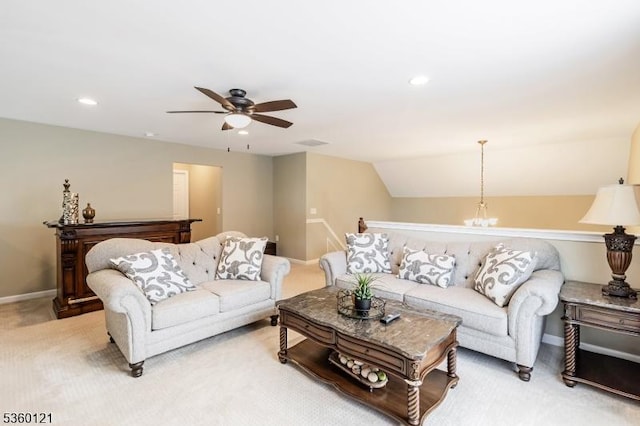 7 Bryant Ct, Franklin Twp, NJ 08873 - living room featuring a ceiling fan, light colored carpet, baseboards, recessed lighting, and lofted ceiling