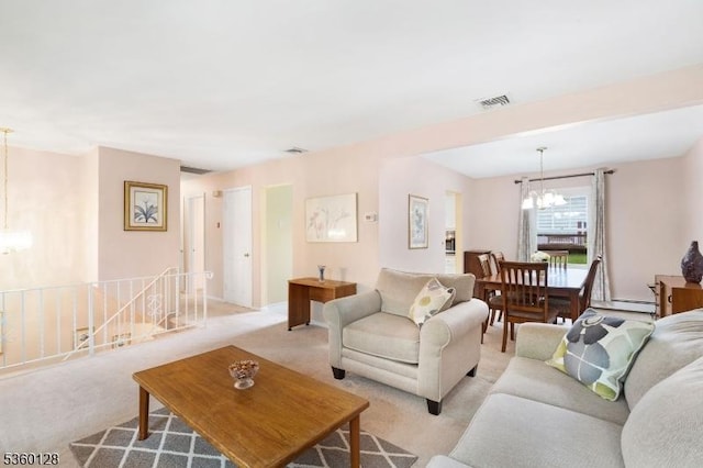 54 Pitman Rd, Parsippany-Troy Hills Twp, NJ 07054 - living area featuring a chandelier, light carpet, and baseboard heating