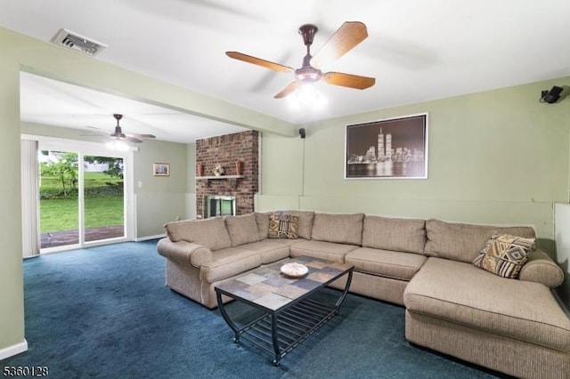 54 Pitman Rd, Parsippany-Troy Hills Twp, NJ 07054 - living area featuring a ceiling fan, carpet floors, beamed ceiling, a fireplace, and baseboards