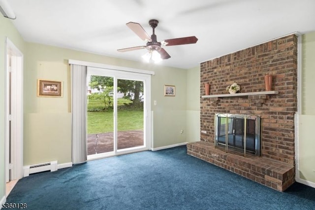 54 Pitman Rd, Parsippany-Troy Hills Twp, NJ 07054 - unfurnished living room featuring a baseboard heating unit, carpet flooring, a ceiling fan, a brick fireplace, and baseboards