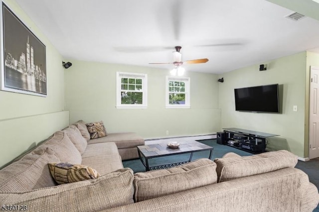 54 Pitman Rd, Parsippany-Troy Hills Twp, NJ 07054 - carpeted living area with a baseboard radiator and a ceiling fan
