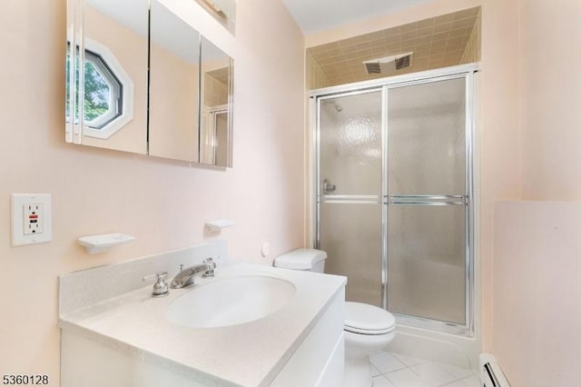54 Pitman Rd, Parsippany-Troy Hills Twp, NJ 07054 - bathroom with a shower stall, vanity, toilet, tile patterned floors, and baseboard heating
