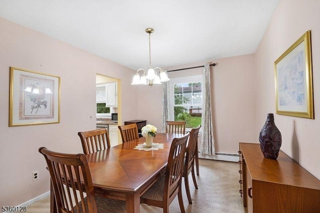 54 Pitman Rd, Parsippany-Troy Hills Twp, NJ 07054 - dining room featuring a chandelier, a baseboard radiator, baseboards, and light colored carpet