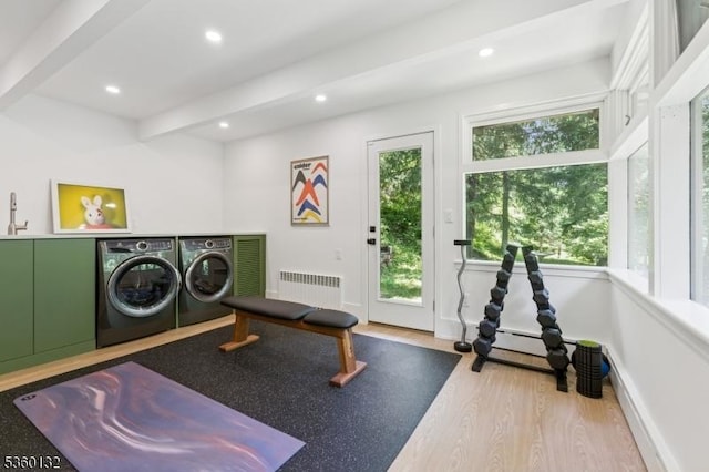63 Hollow Brook Rd, Tewksbury Twp, NJ 07830 - washroom featuring radiator, washer and clothes dryer, wood finished floors, recessed lighting, and baseboards