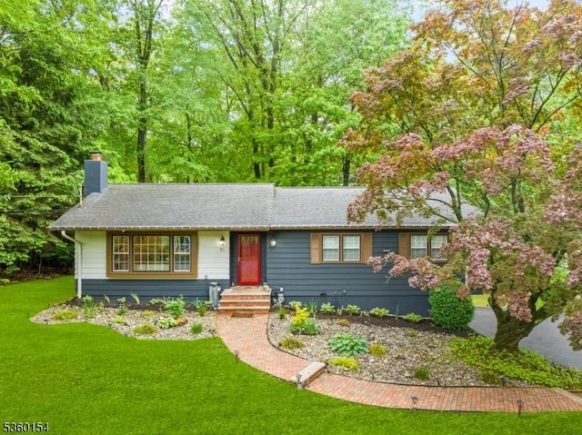 71 Clairview Rd, Parsippany-Troy Hills Twp, NJ 07834 - ranch-style home with a chimney, a front yard, and roof with shingles