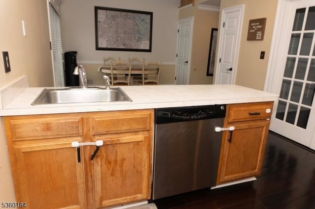 182 Durham Ct, Independence Twp, NJ 07840 - kitchen with stainless steel dishwasher, a sink, light countertops, and dark wood-style flooring