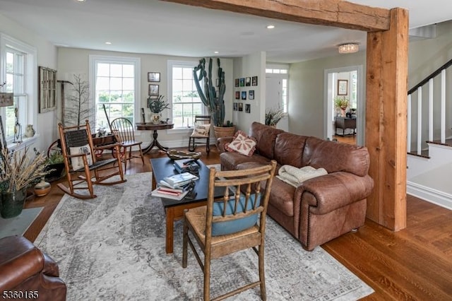 760 Rosemont Ringoes Rd, Delaware Twp, NJ 08559 - living area featuring stairs, wood finished floors, recessed lighting, and baseboards