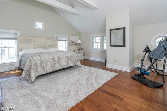 760 Rosemont Ringoes Rd, Delaware Twp, NJ 08559 - bedroom featuring dark wood-style floors, beam ceiling, baseboards, and high vaulted ceiling