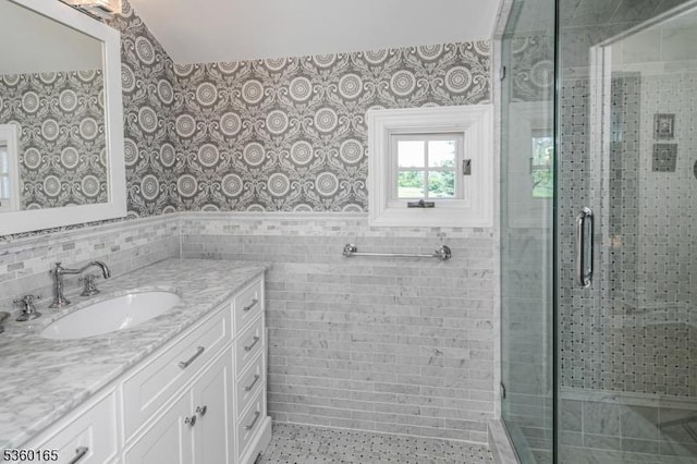 760 Rosemont Ringoes Rd, Delaware Twp, NJ 08559 - full bath with wallpapered walls, vanity, and a stall shower