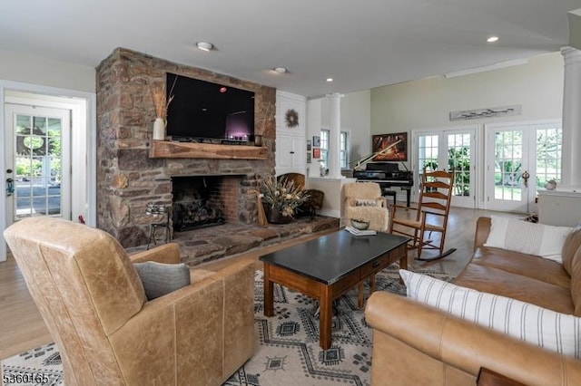 760 Rosemont Ringoes Rd, Delaware Twp, NJ 08559 - living room with ornate columns, wood finished floors, recessed lighting, and a fireplace