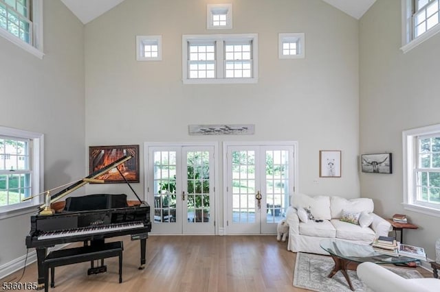 760 Rosemont Ringoes Rd, Delaware Twp, NJ 08559 - living area featuring high vaulted ceiling, french doors, wood finished floors, and baseboards
