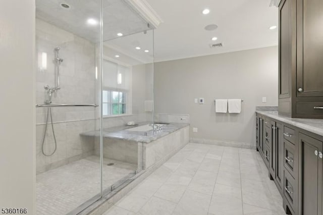 70 Falmouth St, Millburn Twp, NJ 07078 - bathroom with a garden tub, vanity, tiled shower, ornamental molding, and recessed lighting