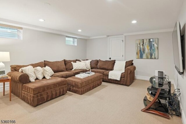 70 Falmouth St, Millburn Twp, NJ 07078 - living area featuring light colored carpet, recessed lighting, and crown molding