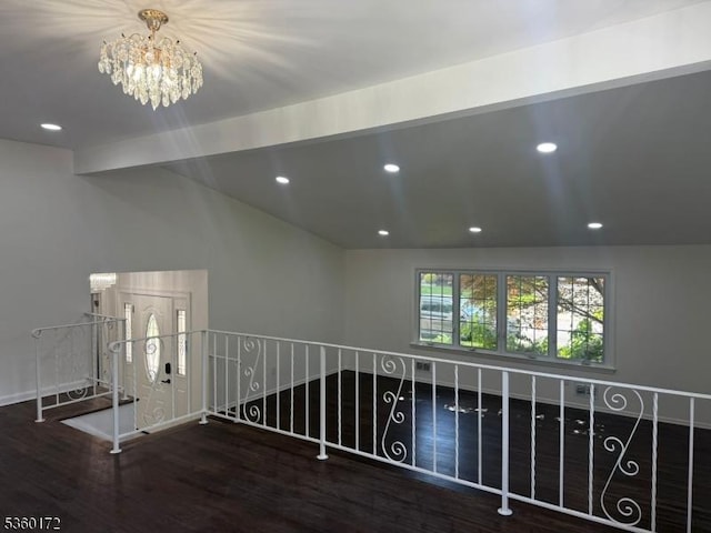 20 Wick Dr, Woodbridge Twp, NJ 08863 - spare room with wood finished floors, a chandelier, vaulted ceiling, baseboards, and recessed lighting