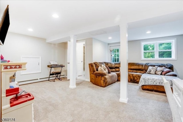 4 Alfred Way, Hopatcong Boro, NJ 07843 - living room featuring baseboard heating, carpet, and recessed lighting