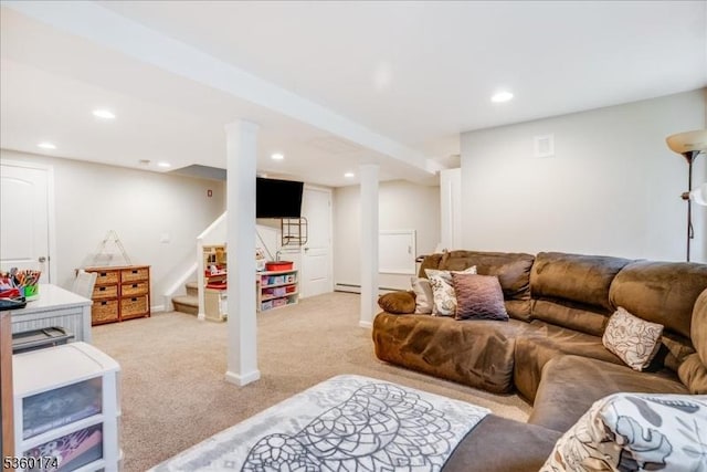 4 Alfred Way, Hopatcong Boro, NJ 07843 - living room featuring light carpet, recessed lighting, and stairs