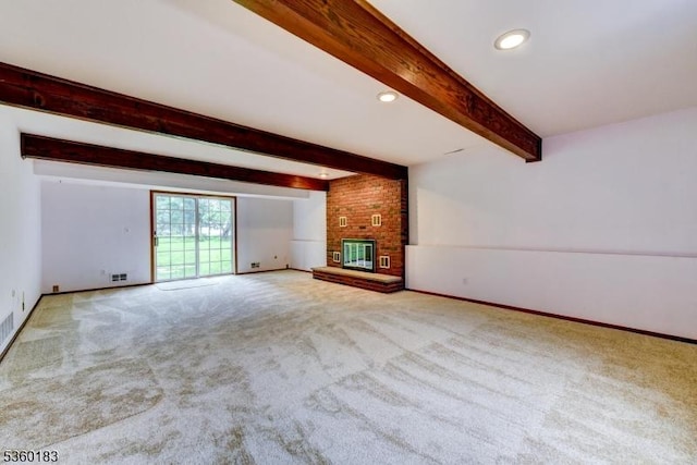 178 Tanglewood Dr, Branchburg Twp, NJ 08876 - unfurnished living room with carpet flooring, beamed ceiling, a brick fireplace, and recessed lighting
