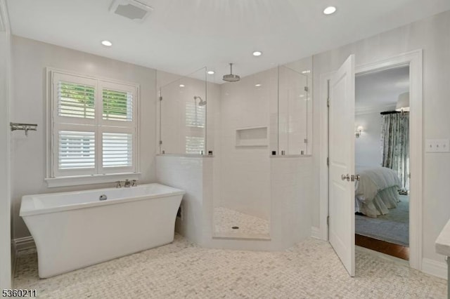 16 Sweetbriar Rd, Summit City, NJ 07901 - bathroom featuring a stall shower, a freestanding tub, connected bathroom, and recessed lighting