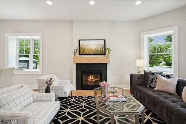 603 Springfield Ave Unit 104, Summit City, NJ 07901 - living room with plenty of natural light, recessed lighting, a glass covered fireplace, baseboards, and wood finished floors