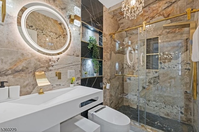 254 Springfield Ave, Rutherford Boro, NJ 07070 - bathroom with tile walls, a marble finish shower, vanity, and toilet