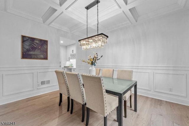 10 Wilson Ave, Wayne Twp, NJ 07470 - dining room with a decorative wall, coffered ceiling, beamed ceiling, a chandelier, and light wood-style floors