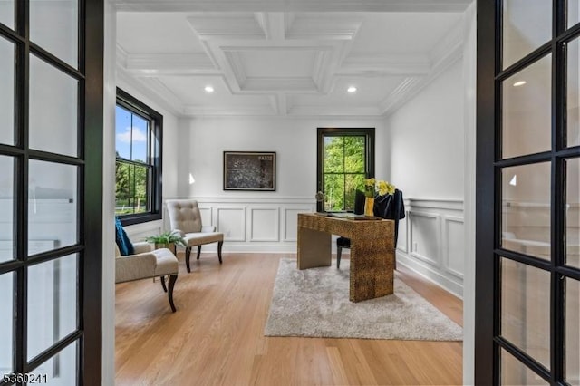 10 Wilson Ave, Wayne Twp, NJ 07470 - office area featuring wood finished floors, coffered ceiling, crown molding, recessed lighting, and a decorative wall