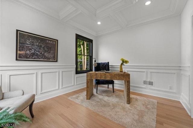10 Wilson Ave, Wayne Twp, NJ 07470 - office area featuring light wood-type flooring, coffered ceiling, crown molding, and a decorative wall