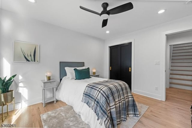 10 Wilson Ave, Wayne Twp, NJ 07470 - bedroom featuring light wood-type flooring, baseboards, recessed lighting, and a ceiling fan