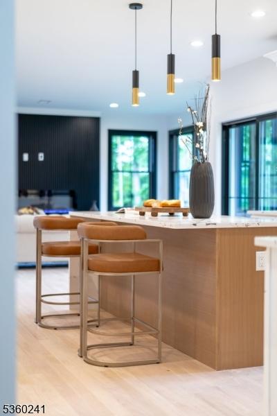 10 Wilson Ave, Wayne Twp, NJ 07470 - bar featuring light wood finished floors, pendant lighting, and recessed lighting