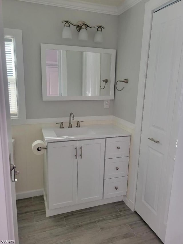 131 Douglas Dr, Jackson Twp, NJ 08527 - bathroom featuring vanity, ornamental molding, wood tiled floors, and a wainscoted wall