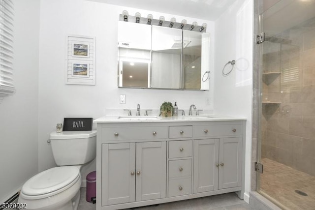 789 Charnwood Dr, Wyckoff Twp, NJ 07481 - bathroom with toilet, double vanity, a shower stall, tile patterned flooring, and a baseboard radiator