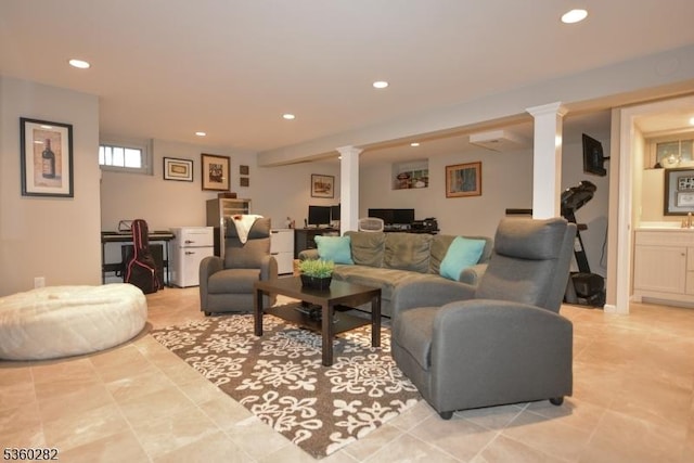 789 Charnwood Dr, Wyckoff Twp, NJ 07481 - living area featuring decorative columns, recessed lighting, and a desk