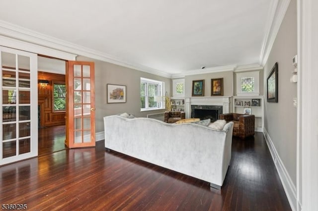 66 Fernwood Rd, Summit City, NJ 07901 - living area featuring french doors, a fireplace, crown molding, and dark wood-style floors