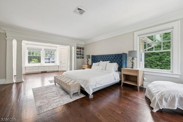 66 Fernwood Rd, Summit City, NJ 07901 - bedroom with decorative columns, multiple windows, crown molding, and wood finished floors