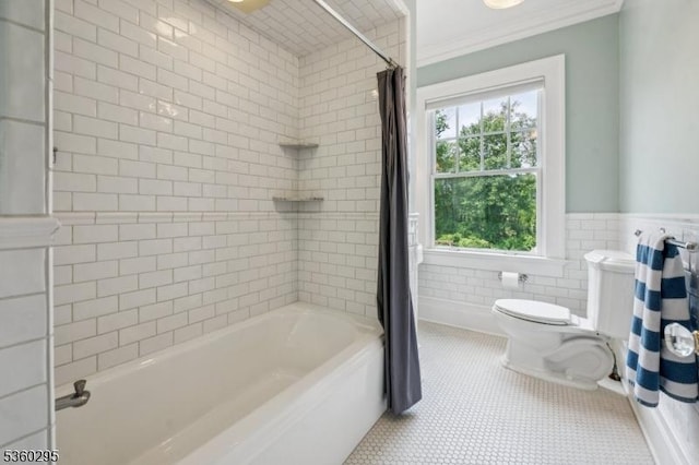 66 Fernwood Rd, Summit City, NJ 07901 - bathroom with crown molding, shower / bath combo with shower curtain, tile walls, and wainscoting