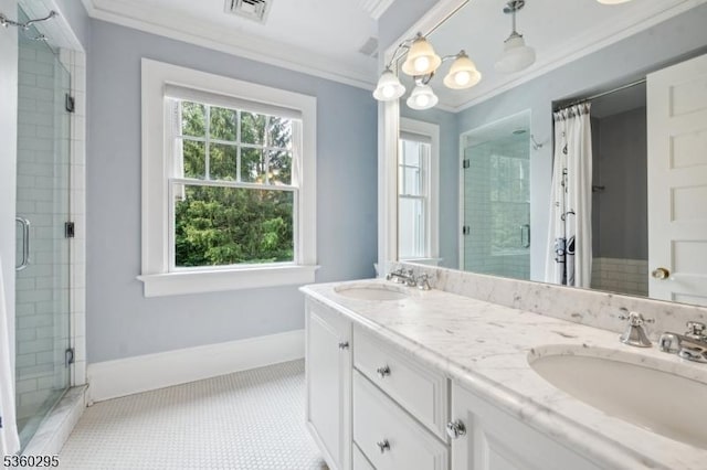 66 Fernwood Rd, Summit City, NJ 07901 - bathroom featuring a stall shower, crown molding, plenty of natural light, and double vanity