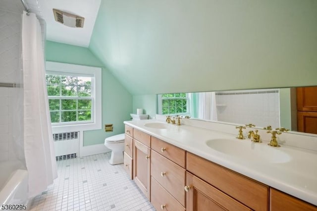 66 Fernwood Rd, Summit City, NJ 07901 - bathroom with radiator heating unit, plenty of natural light, double vanity, vaulted ceiling, and shower / bathtub combination with curtain