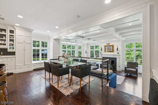 66 Fernwood Rd, Summit City, NJ 07901 - dining area with a fireplace, ornamental molding, dark wood finished floors, recessed lighting, and beam ceiling