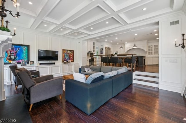 66 Fernwood Rd, Summit City, NJ 07901 - living area with a decorative wall, wood finished floors, coffered ceiling, beamed ceiling, and crown molding