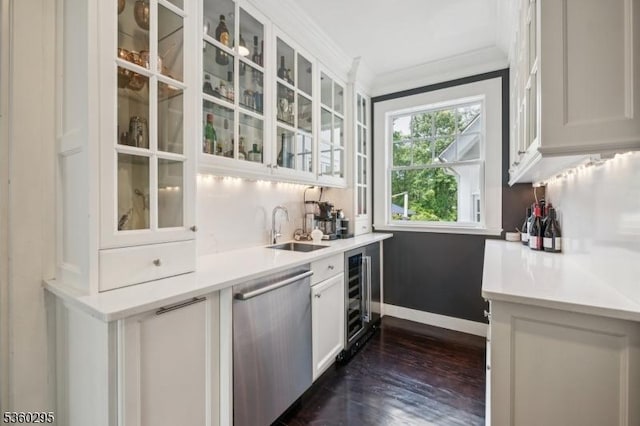 66 Fernwood Rd, Summit City, NJ 07901 - kitchen featuring dishwasher, beverage cooler, light countertops, dark wood finished floors, and white cabinetry