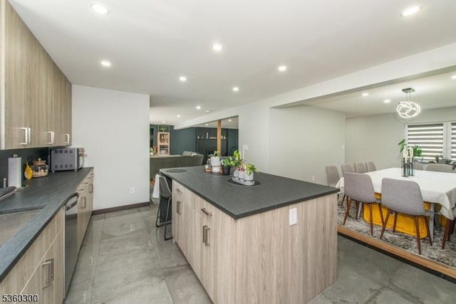 116 Wolfs Corner Rd, Green Twp, NJ 07860 - kitchen featuring open floor plan, dark countertops, light brown cabinets, and recessed lighting