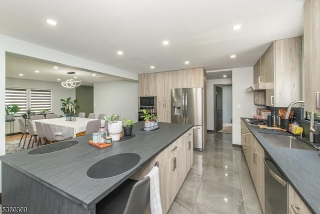 116 Wolfs Corner Rd, Green Twp, NJ 07860 - kitchen featuring stainless steel appliances, dark countertops, modern cabinets, recessed lighting, and a sink