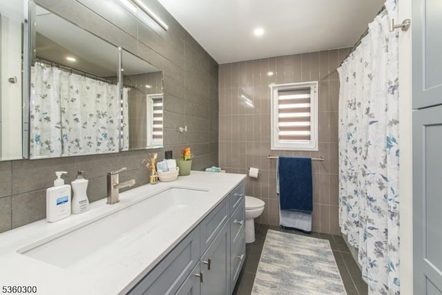116 Wolfs Corner Rd, Green Twp, NJ 07860 - full bathroom featuring tile walls, vanity, toilet, a shower with shower curtain, and tile patterned flooring
