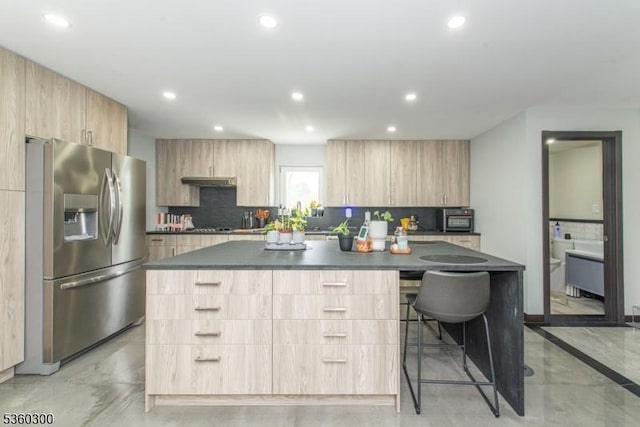116 Wolfs Corner Rd, Green Twp, NJ 07860 - kitchen with stainless steel fridge with ice dispenser, light brown cabinets, modern cabinets, dark countertops, and recessed lighting